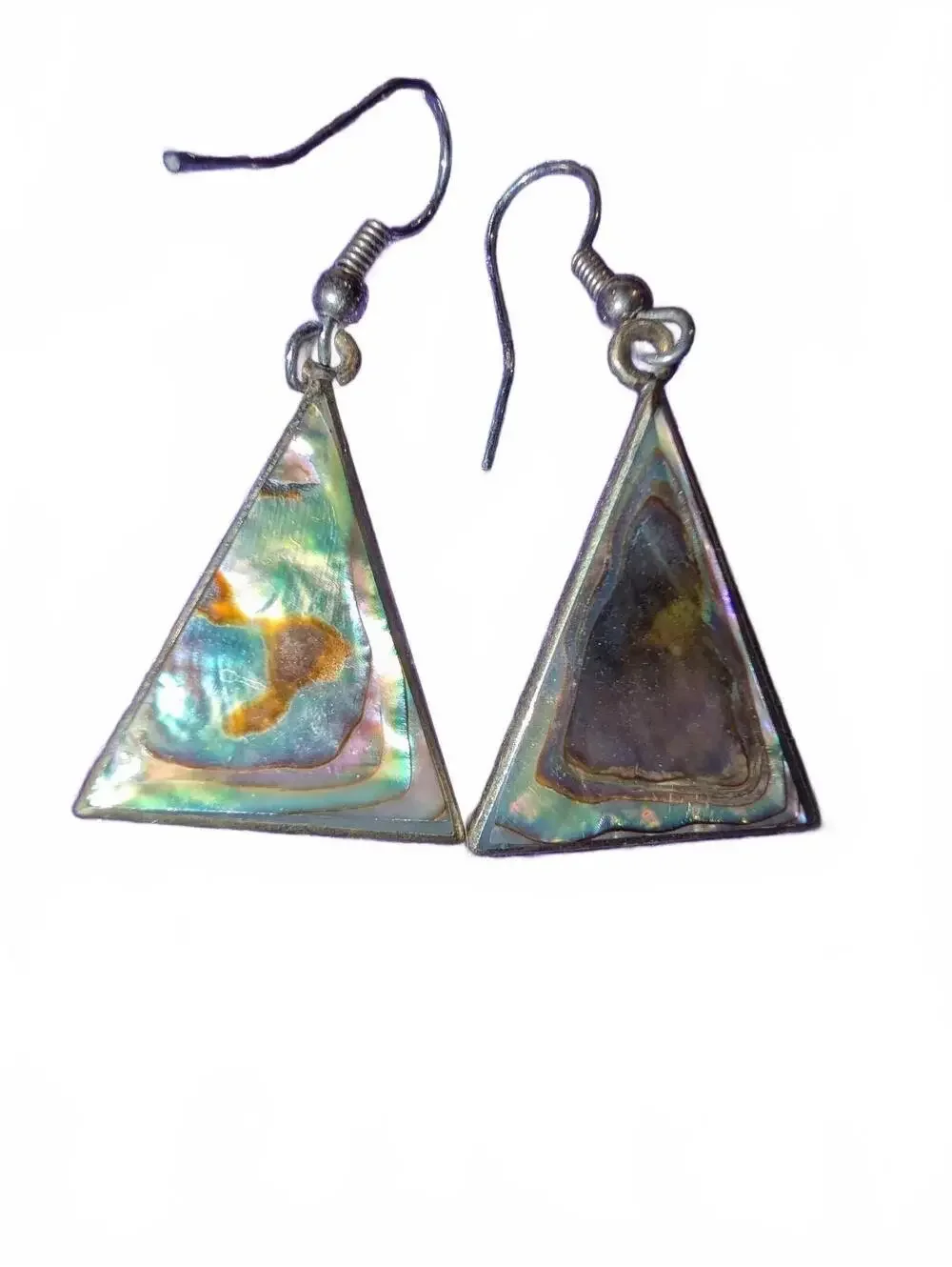 Vintage Alpaca Mexico Triangular Abalone Shell Dangle Earrings